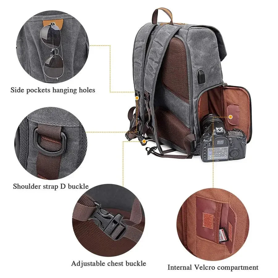 XMSJ Camera Backpack For DSLR Waterproof Canvas Rucksack
