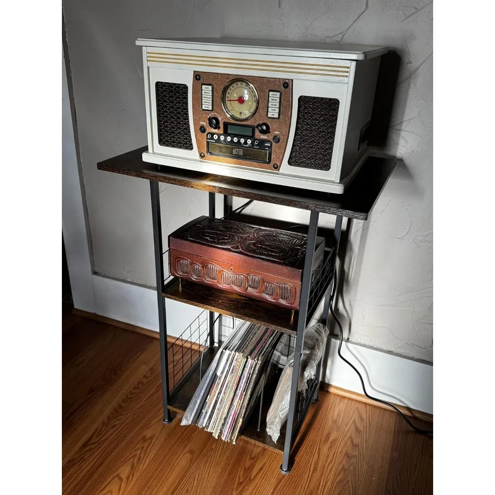 3 Tier Record Player Stand With Charging Station Holds 200 Vinyl Albums