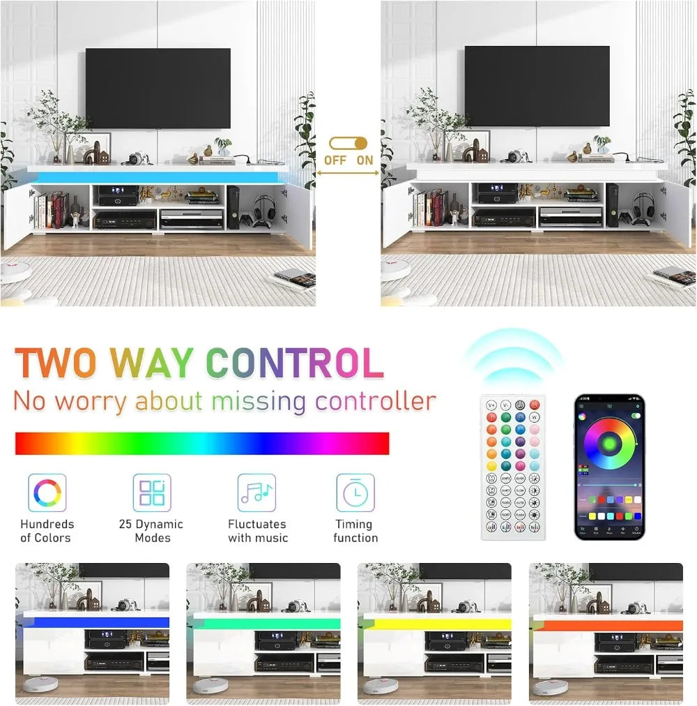 LED TV Stand With Power Outlet RGB Lights High Gloss