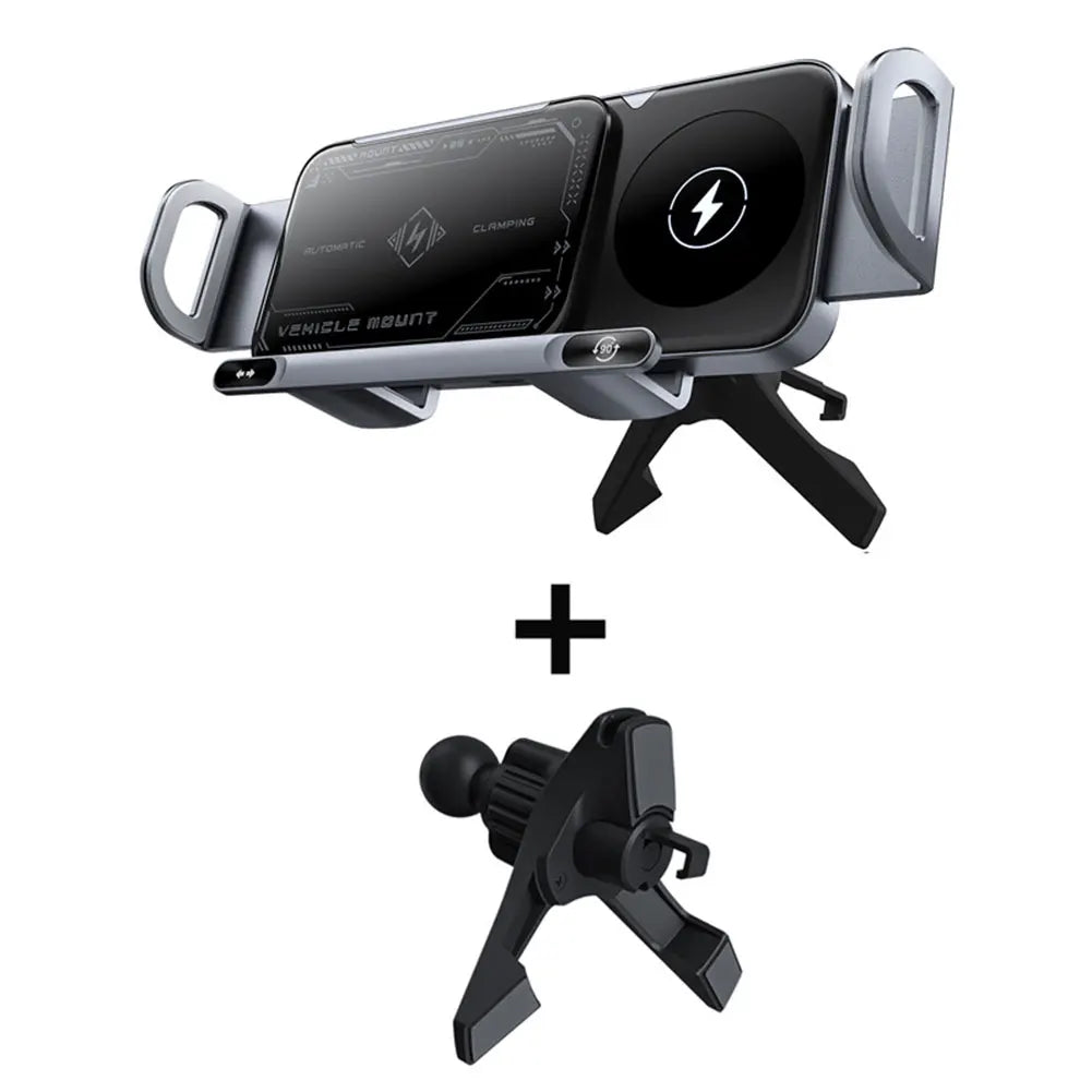 Foldable Dual-Coil Car Phone Mount With Wireless Fast-Charging CompatibilityPlus