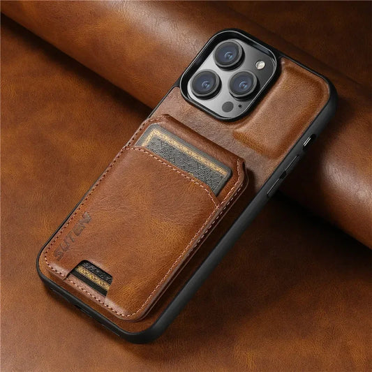 Leather Wallet Phone Case With Magnetic Card Holder For iPhone