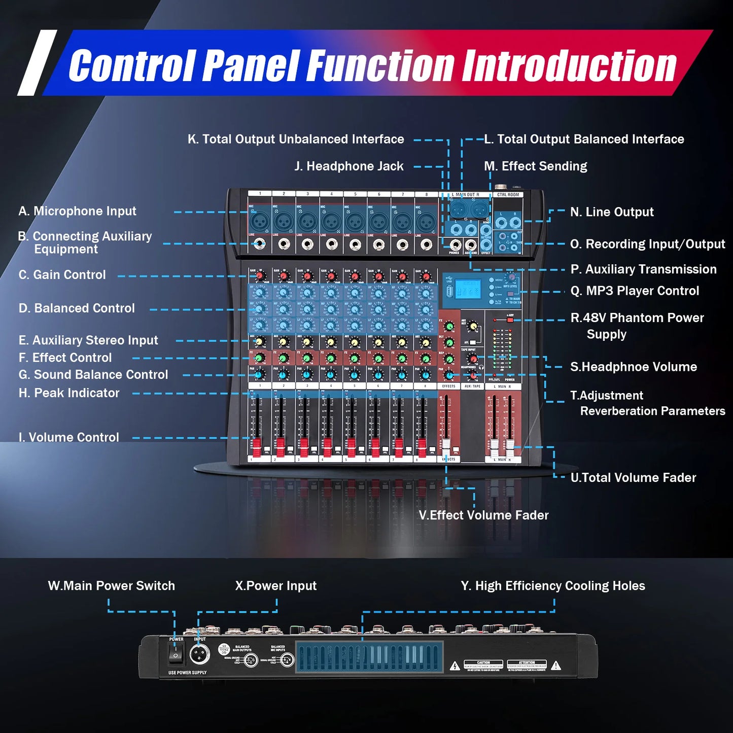Bymaocar 7/8 Channel Professional Mixer Bluetooth USB XLR