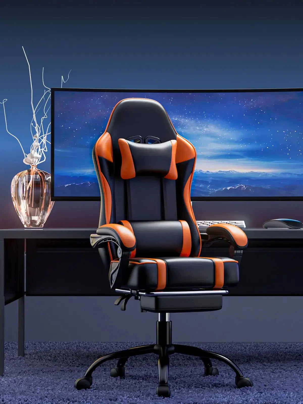 Gaming Chair With Footrest PU Leather For Adults Gamer