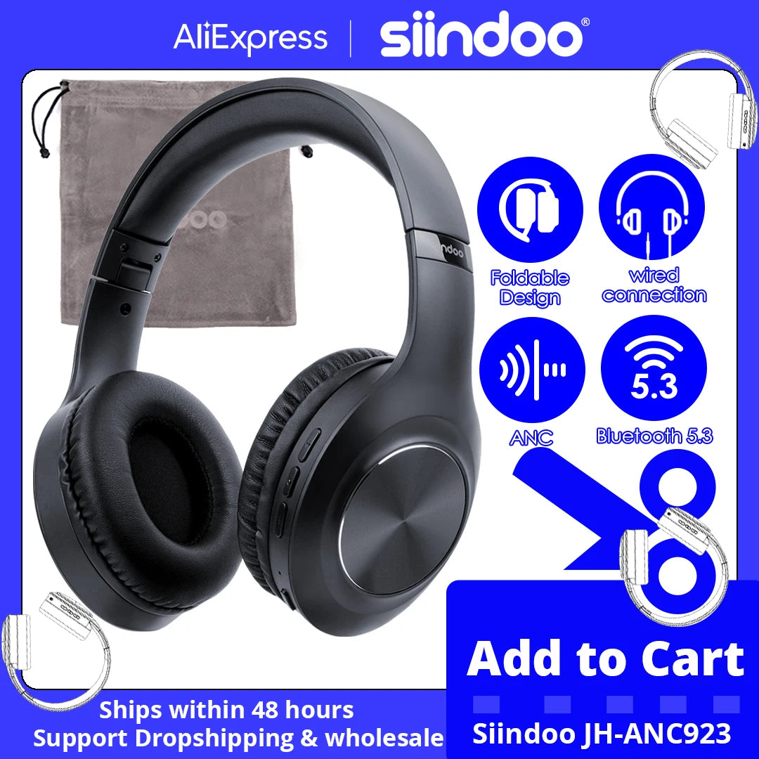 Siindoo JH ANC923 Active Noise Cancelling Wireless Over Ear Headphones Bluetooth Microphone HiFi Bass