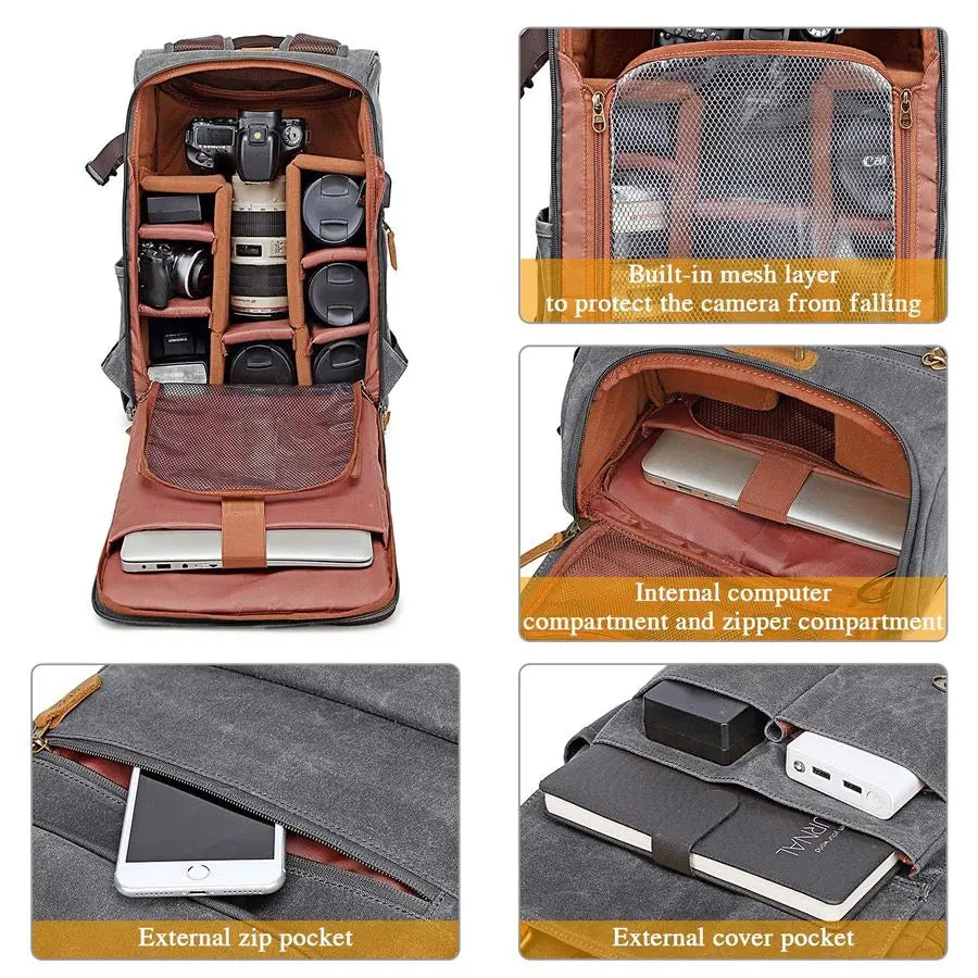 XMSJ Camera Backpack For DSLR Waterproof Canvas Rucksack