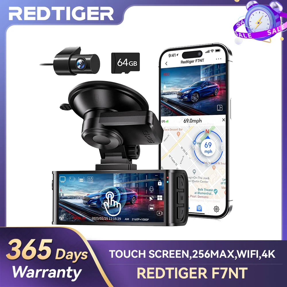 Redtig 4K Dash Camera Front And Rear WiFi GPS Dual