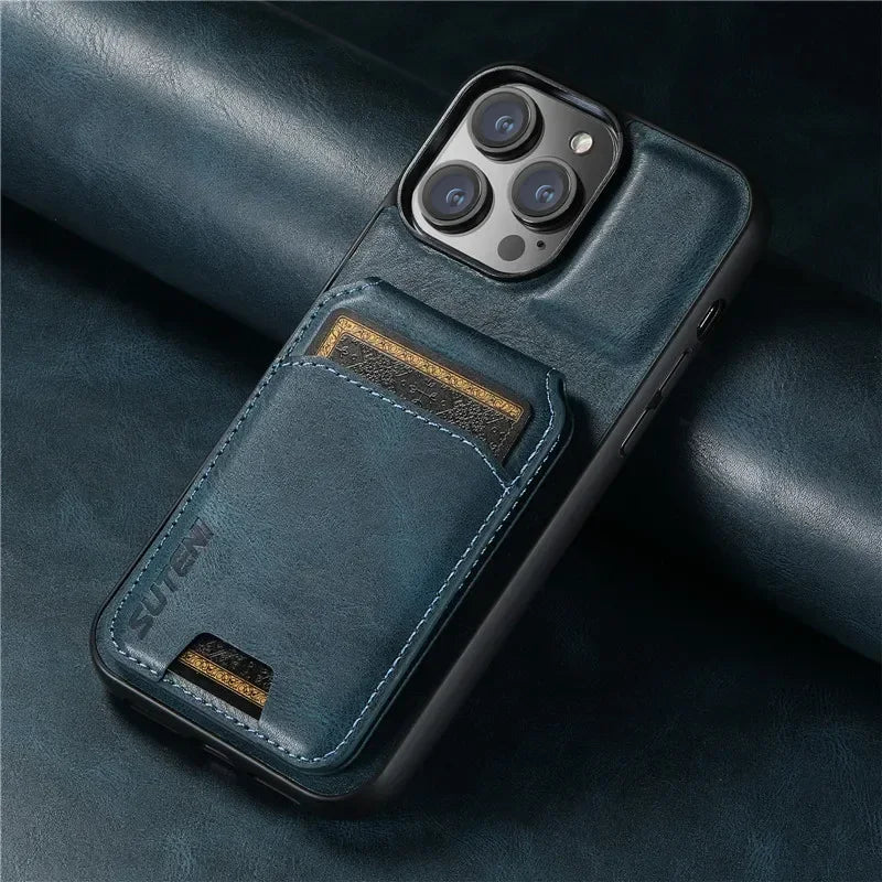 Leather Wallet Phone Case With Magnetic Card Holder For iPhone