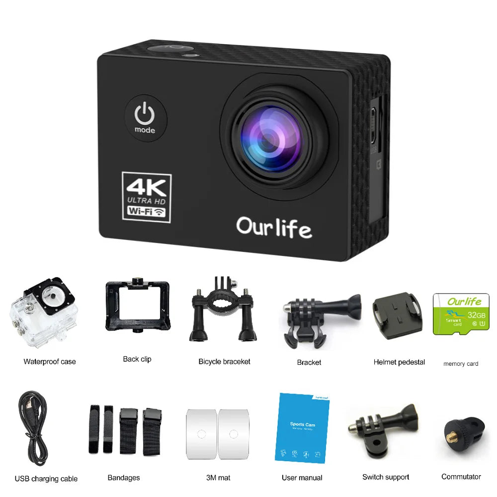 OURLIFE Action Camera Ultra HD 4K 30FPS WiFi 16MP Underwater