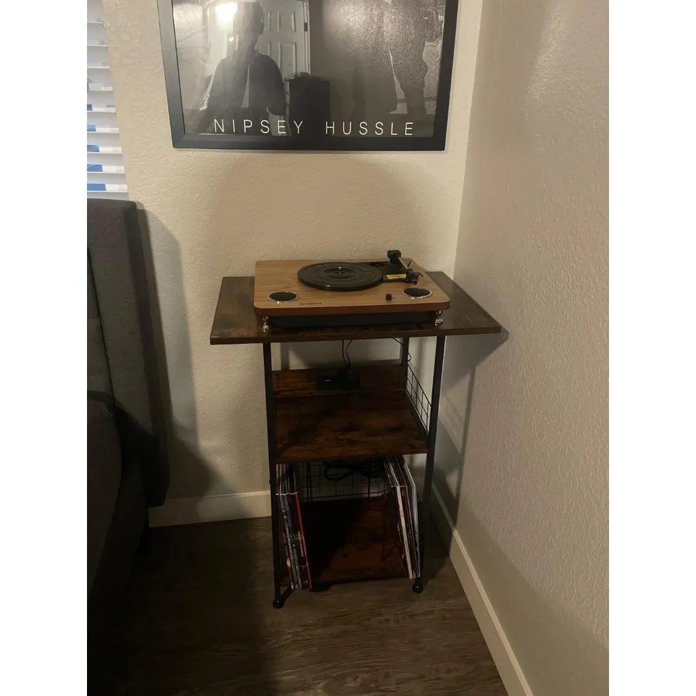 3 Tier Record Player Stand With Charging Station Holds 200 Vinyl Albums