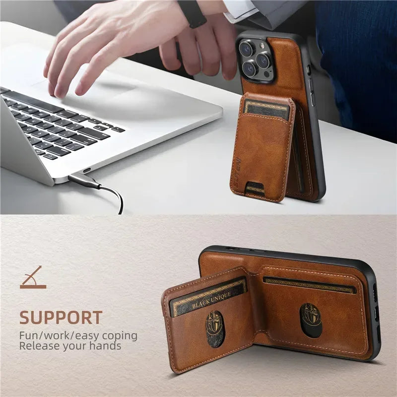 Leather Wallet Phone Case With Magnetic Card Holder For iPhone