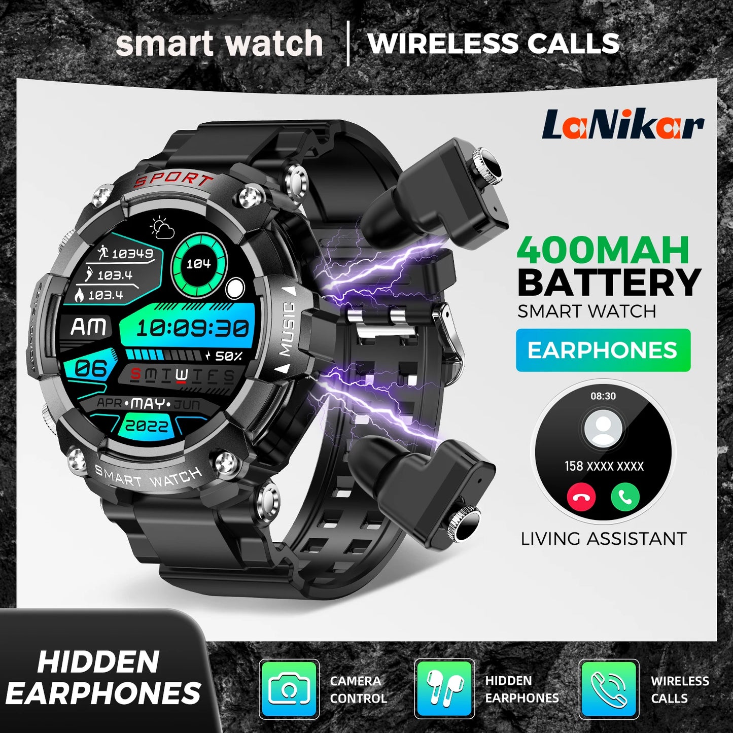 LaNikar Smart Watch AMOLED Display With In Ear Bluetooth Headset And Heart Rate Blood Pressure SpO2 Monitoring