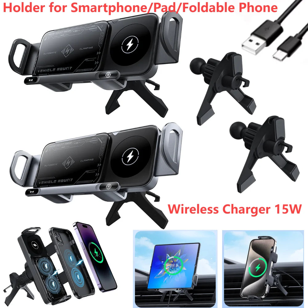 Foldable Dual-Coil Car Phone Mount With Wireless Fast-Charging CompatibilityPlus