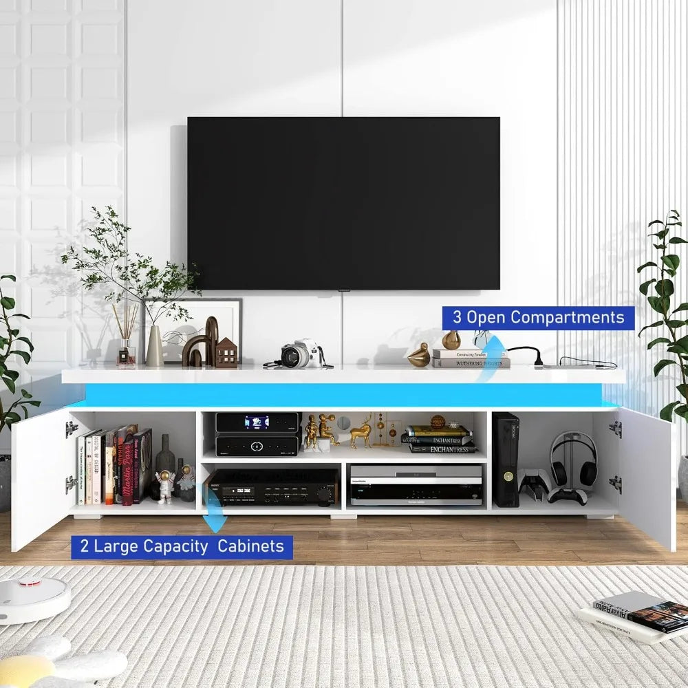LED TV Stand With Power Outlet RGB Lights High Gloss