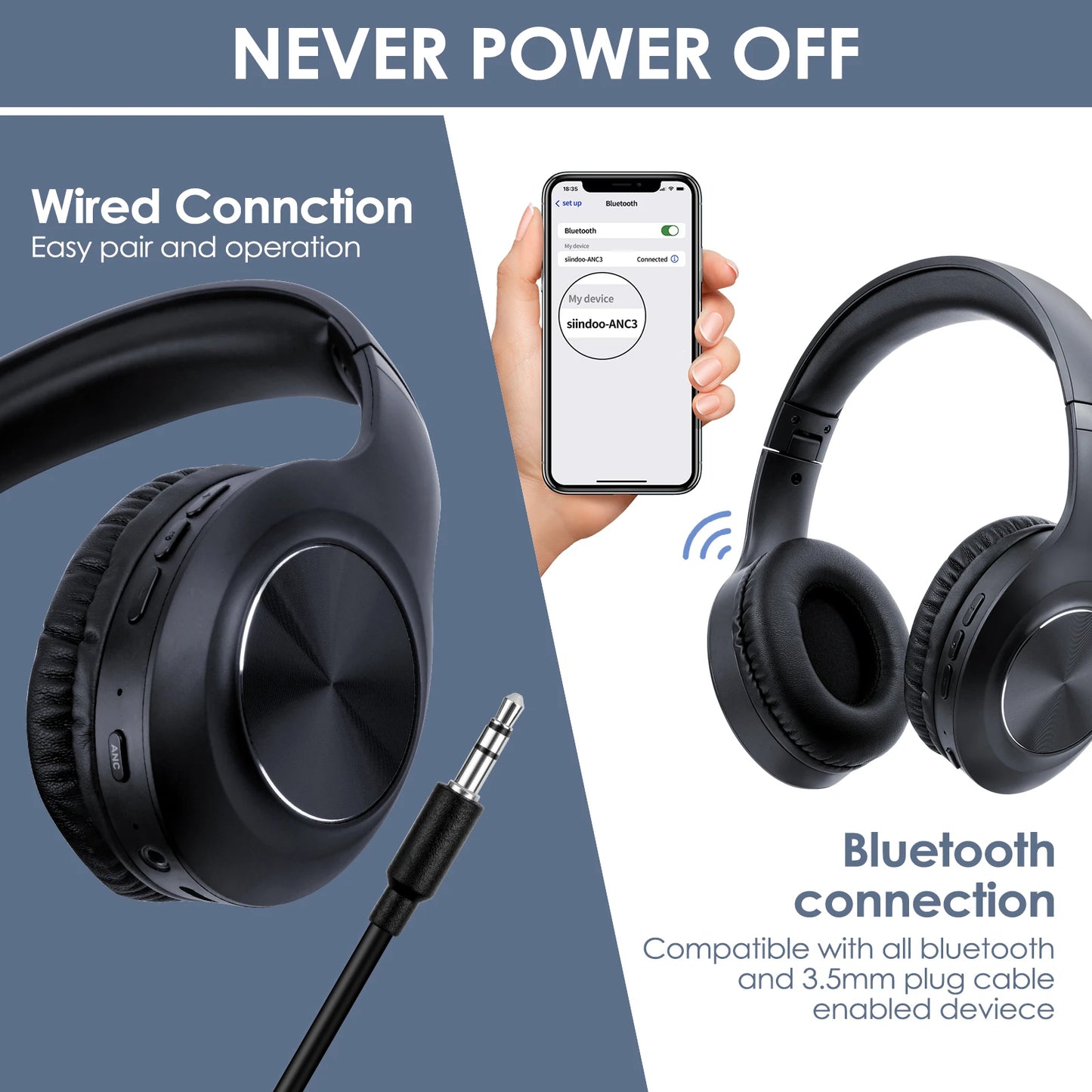 Siindoo JH ANC923 Active Noise Cancelling Wireless Over Ear Headphones Bluetooth Microphone HiFi Bass