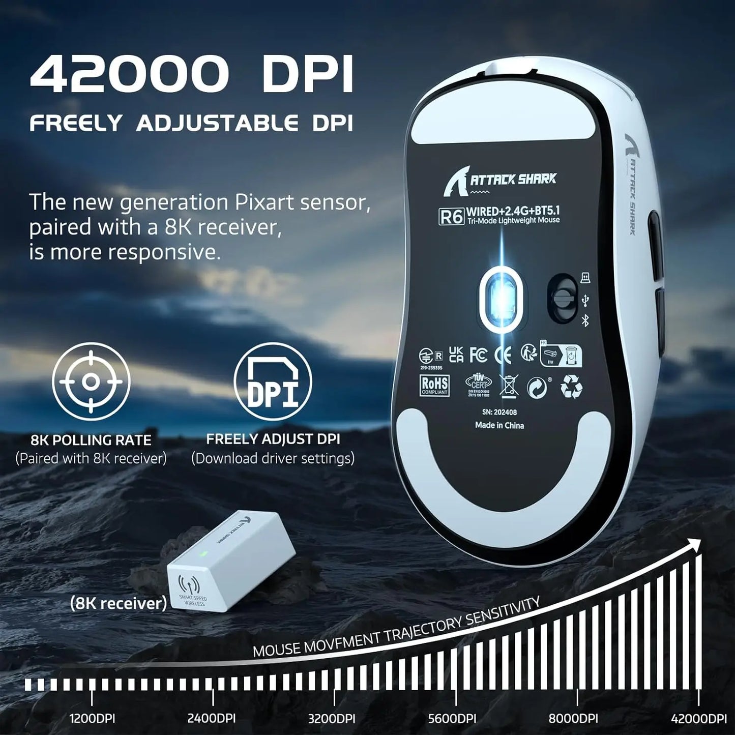 Attack Shark R6 Lightweight Wireless Gaming Mouse With 3950Max Sensor