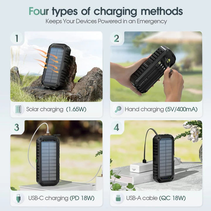 40,000mAh Solar Power Bank Hand Crank Dual USB C LED