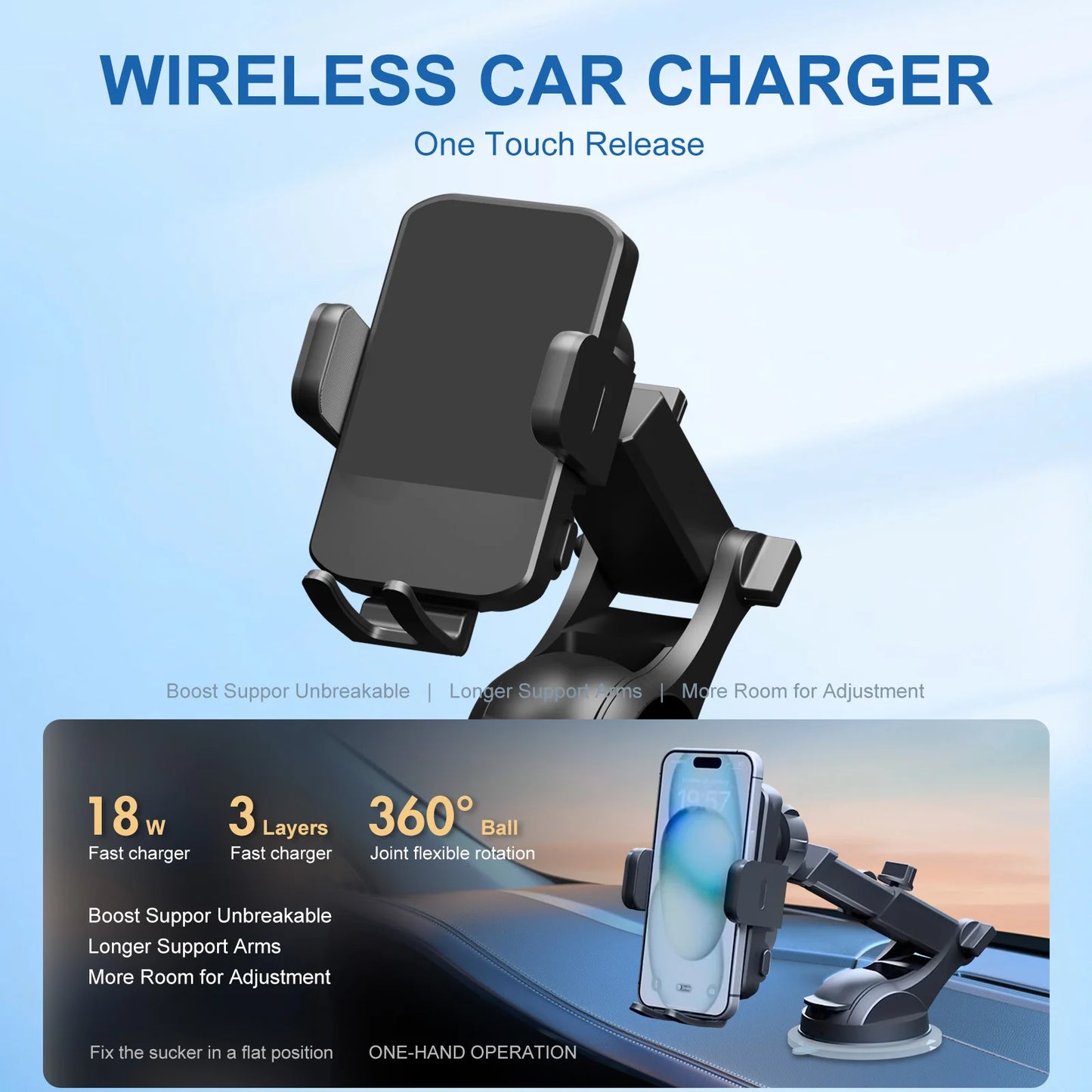 Wireless Car Charger and Phone Holder 15W Fast Charge Mount