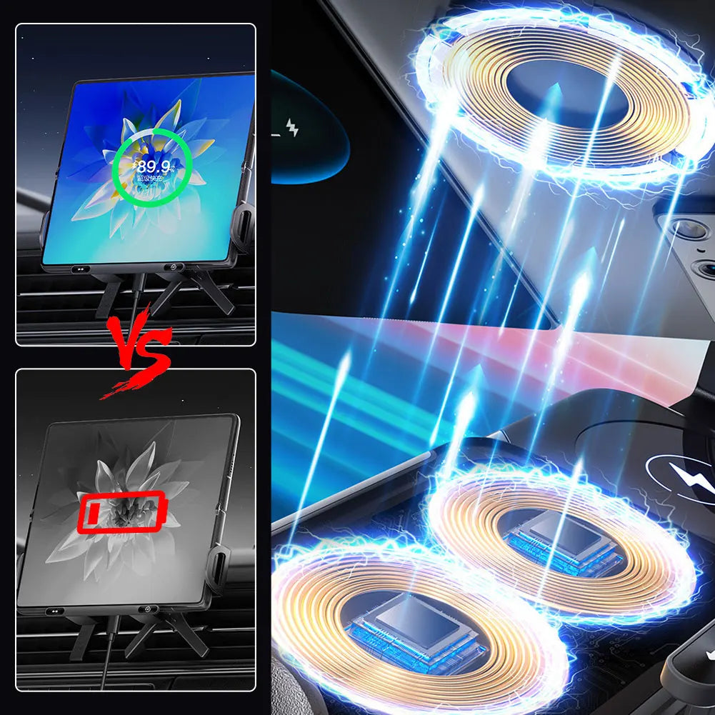Foldable Dual-Coil Car Phone Mount With Wireless Fast-Charging CompatibilityPlus