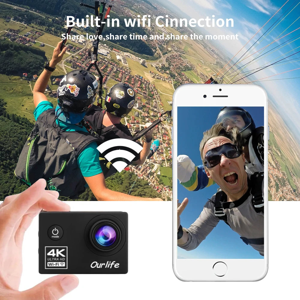 OURLIFE Action Camera Ultra HD 4K 30FPS WiFi 16MP Underwater