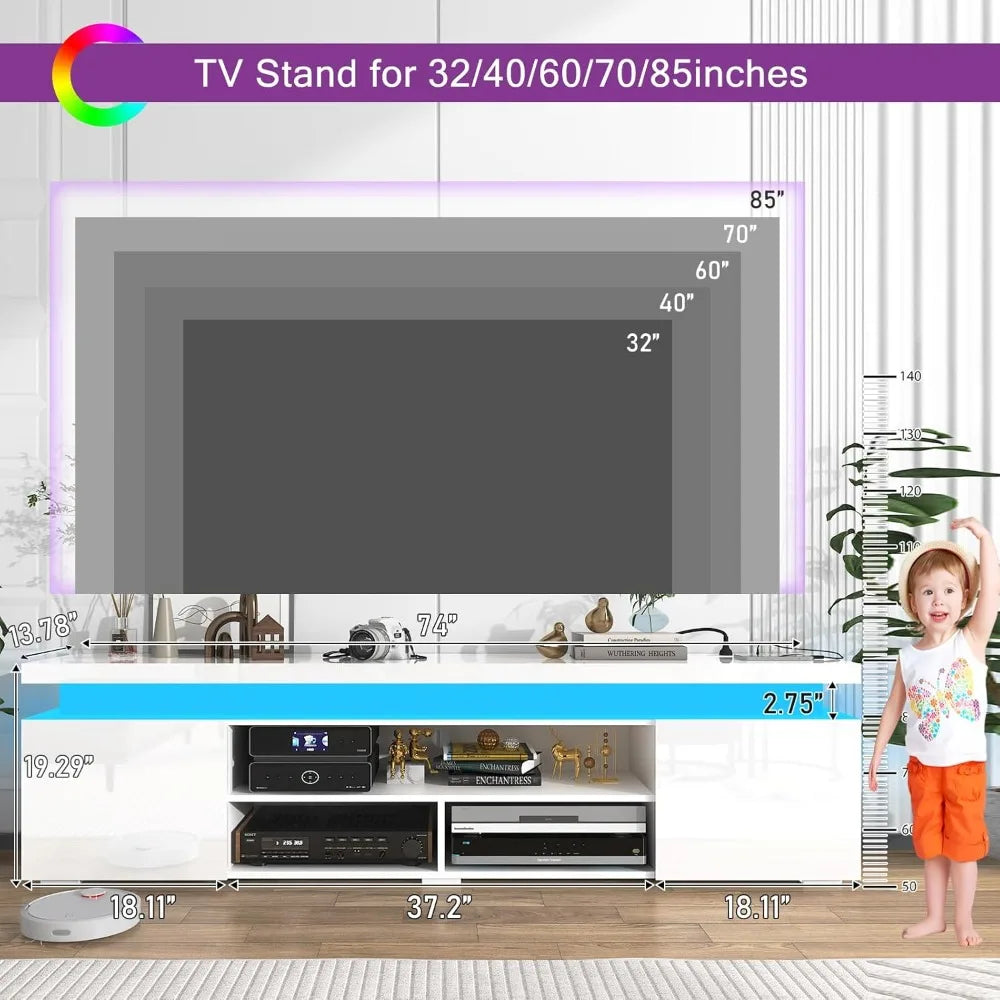 LED TV Stand With Power Outlet RGB Lights High Gloss