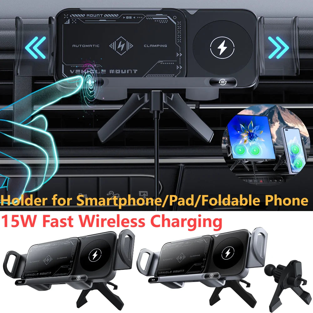 Foldable Dual-Coil Car Phone Mount With Wireless Fast-Charging CompatibilityPlus
