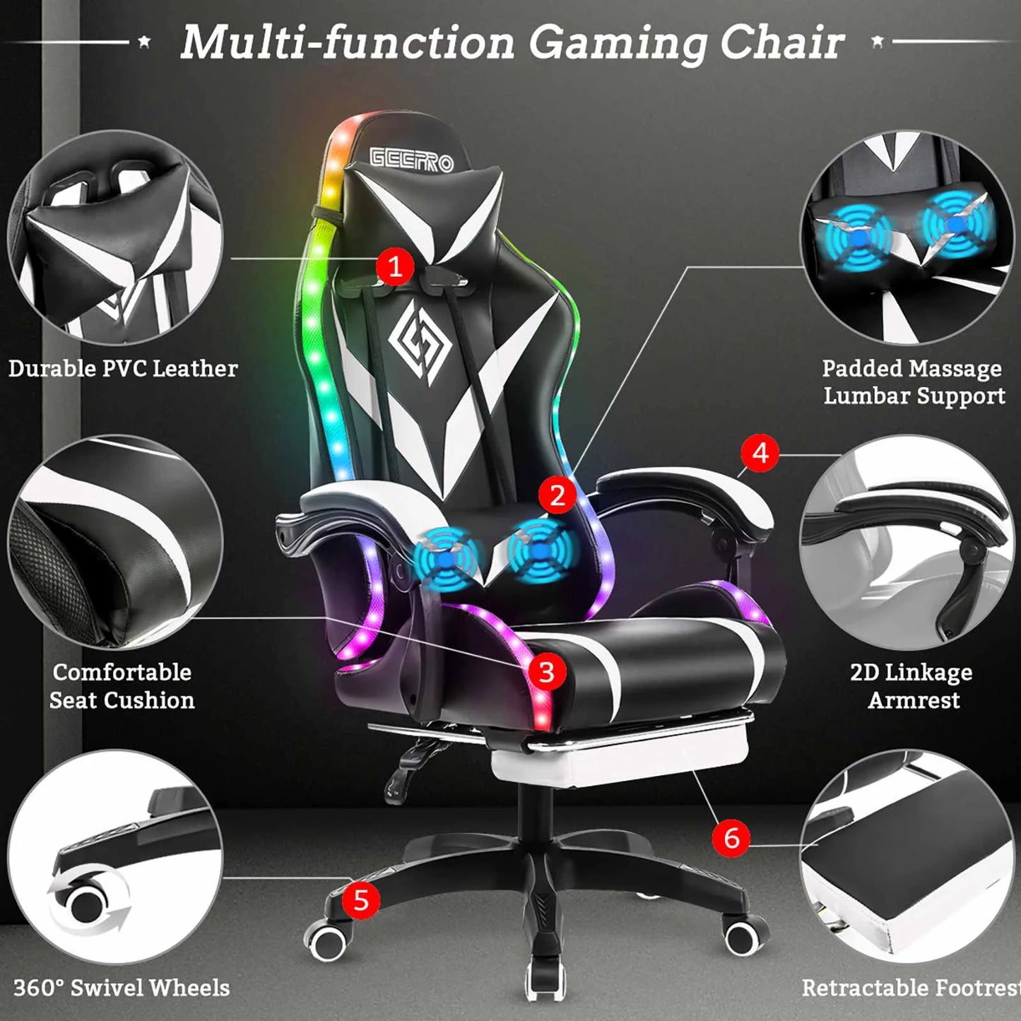 Hommpa 135 Degree Gaming Chair RGB Light Bluetooth Speaker Ergonomic