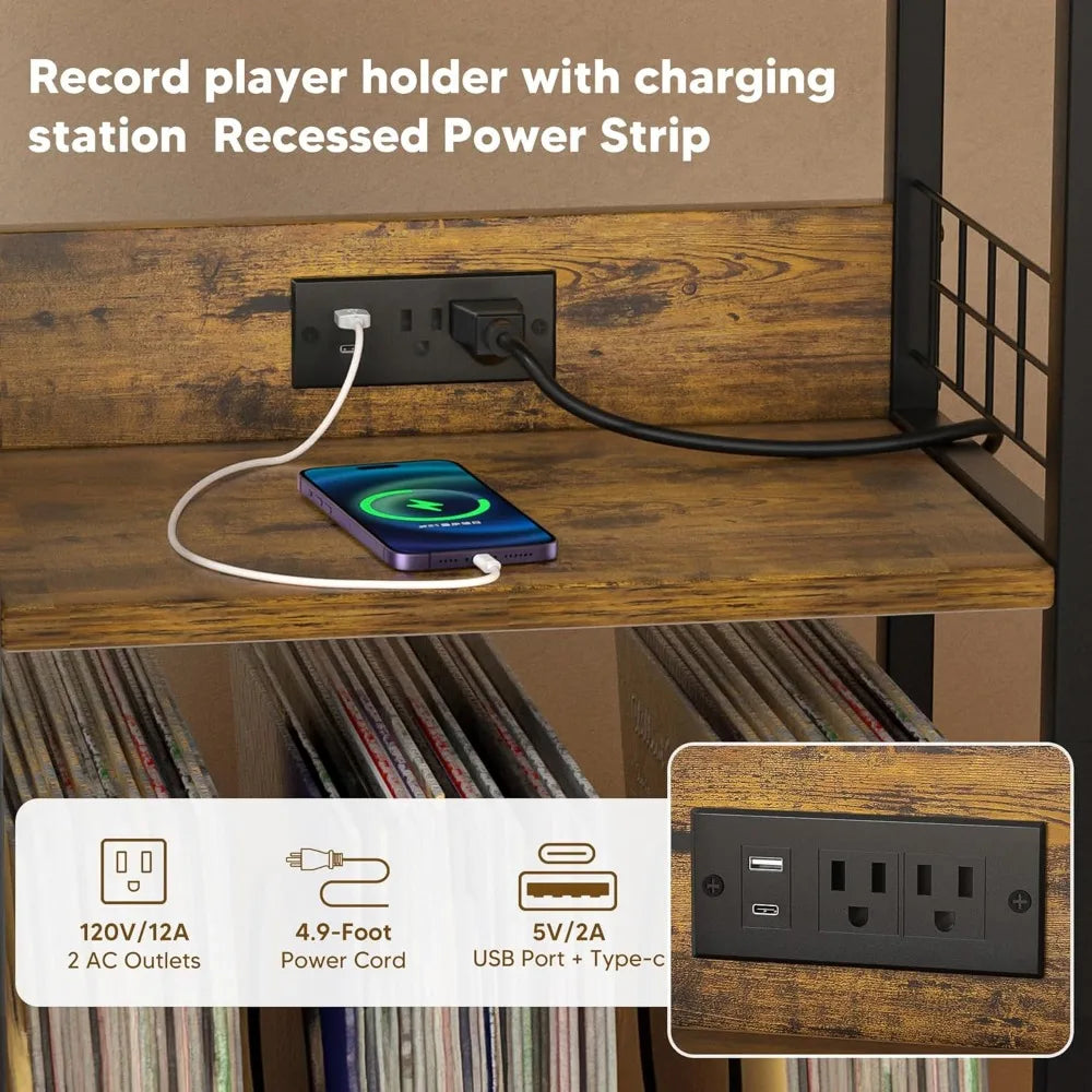 3 Tier Record Player Stand With Charging Station Holds 200 Vinyl Albums