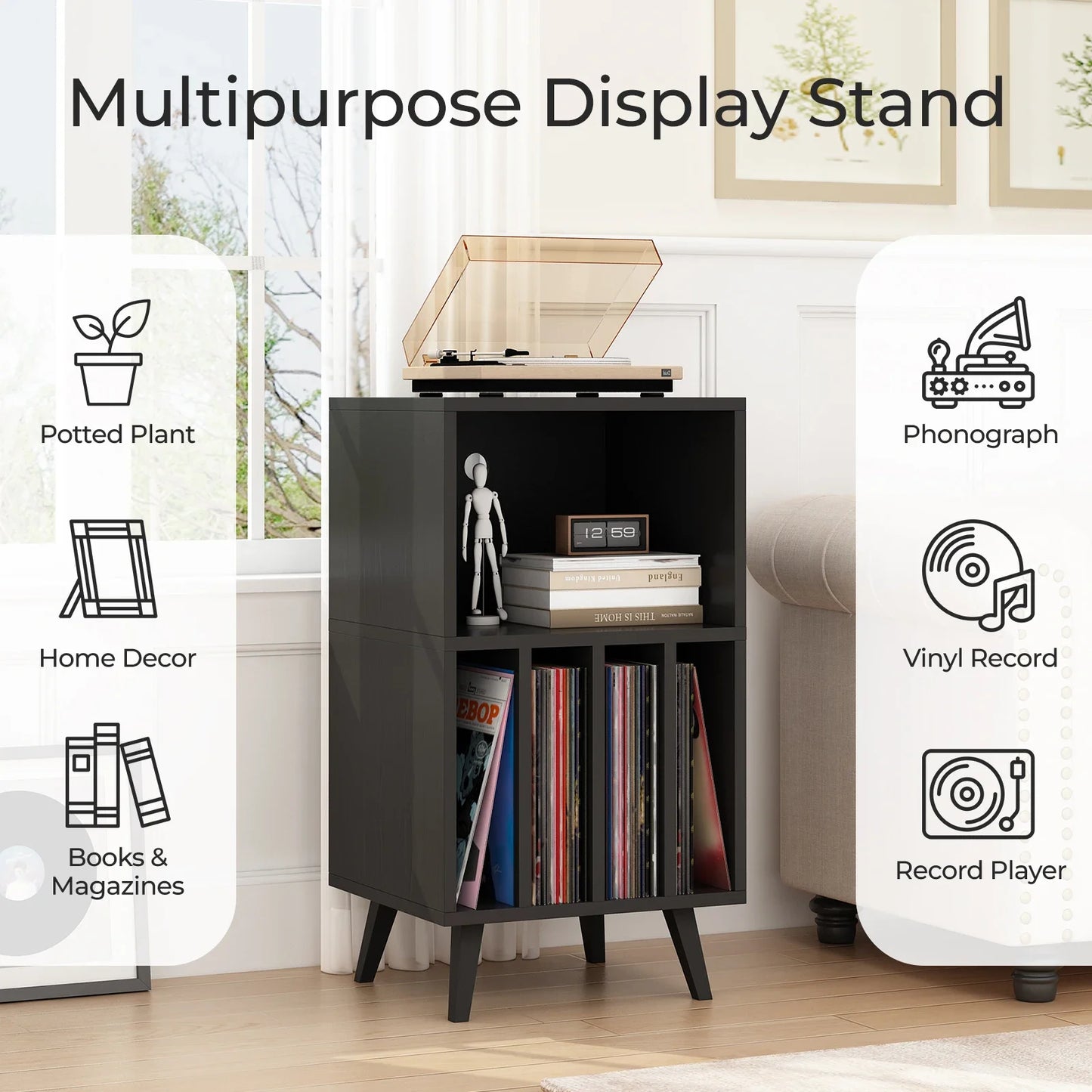 Record Player Turntable Stand With Storage Cabinet