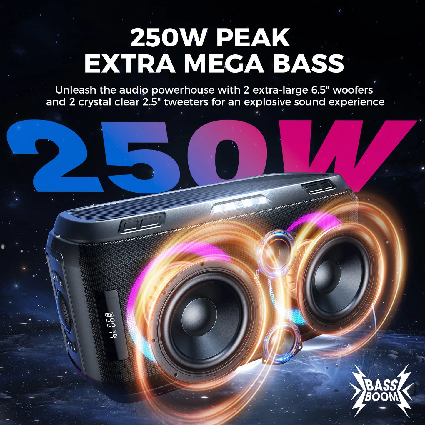 W-King 250W Portable Bluetooth Speaker Boombox 120dB Bass