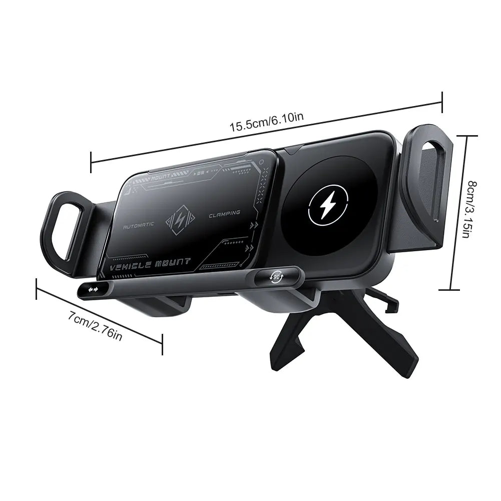 Foldable Dual-Coil Car Phone Mount With Wireless Fast-Charging CompatibilityPlus