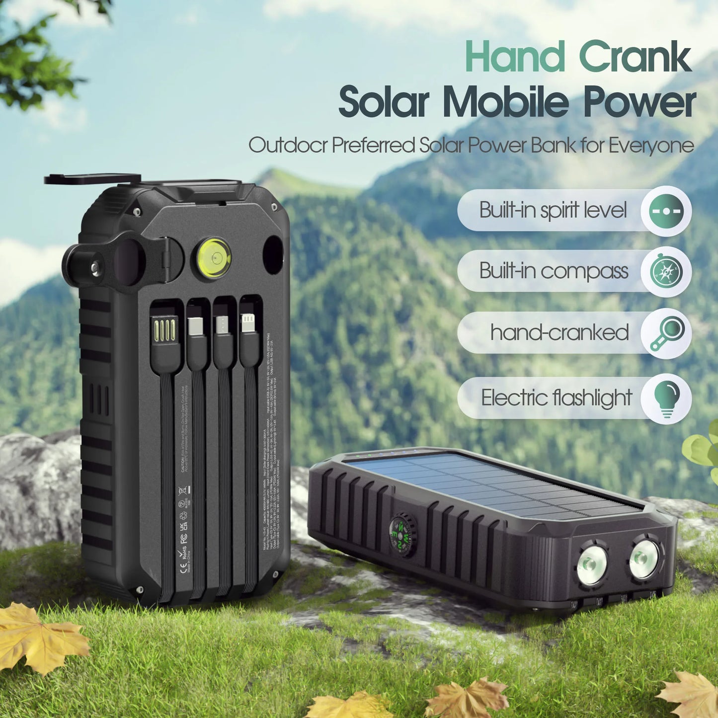 40,000mAh Solar Power Bank Hand Crank Dual USB C LED