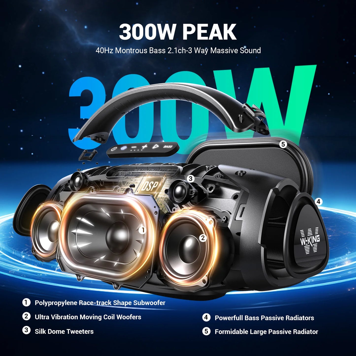 W-King D20 Portable Bluetooth Speaker 200W RMS Bass