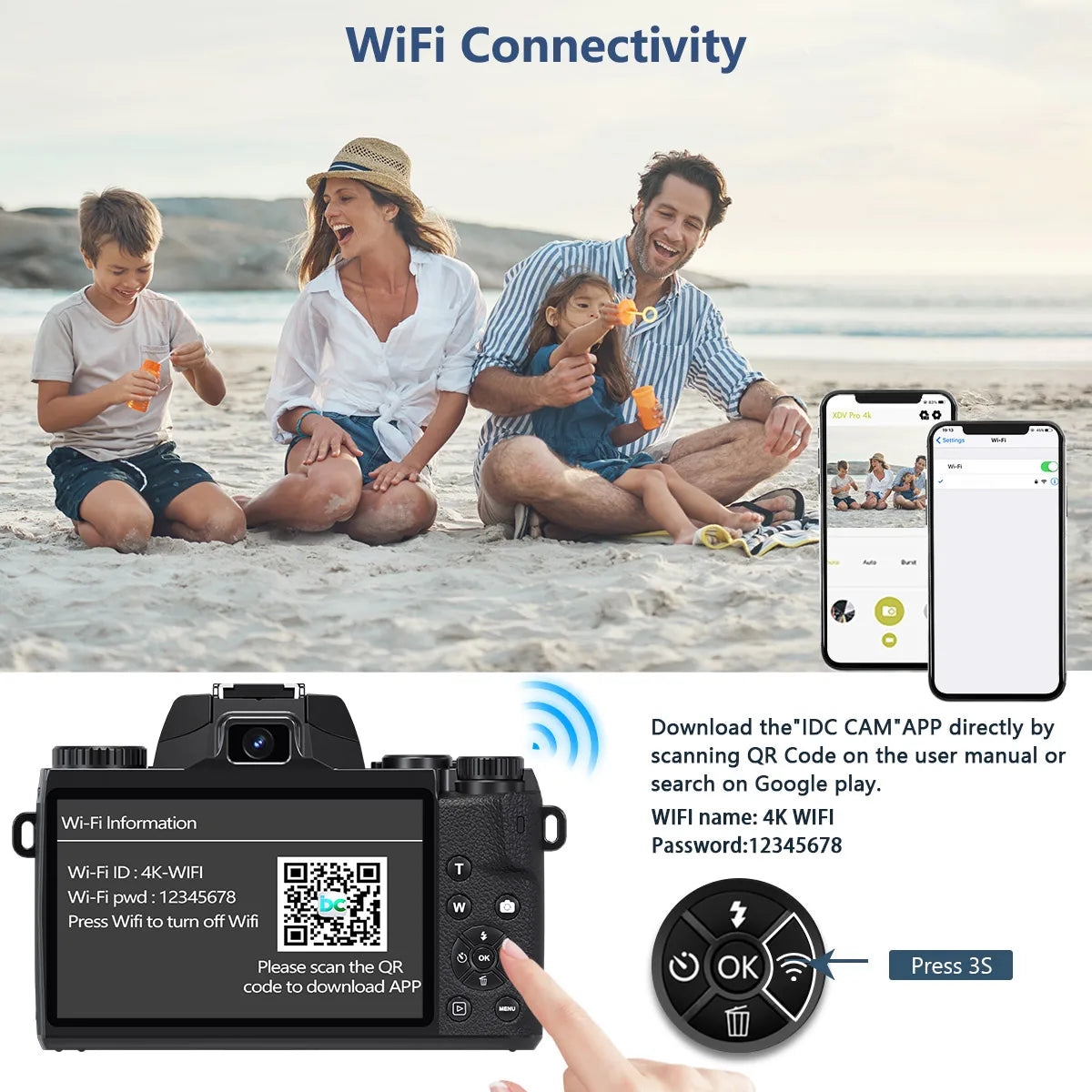 4K Camera With 64MP WiFi Auto Focus For YouTube Vlogging