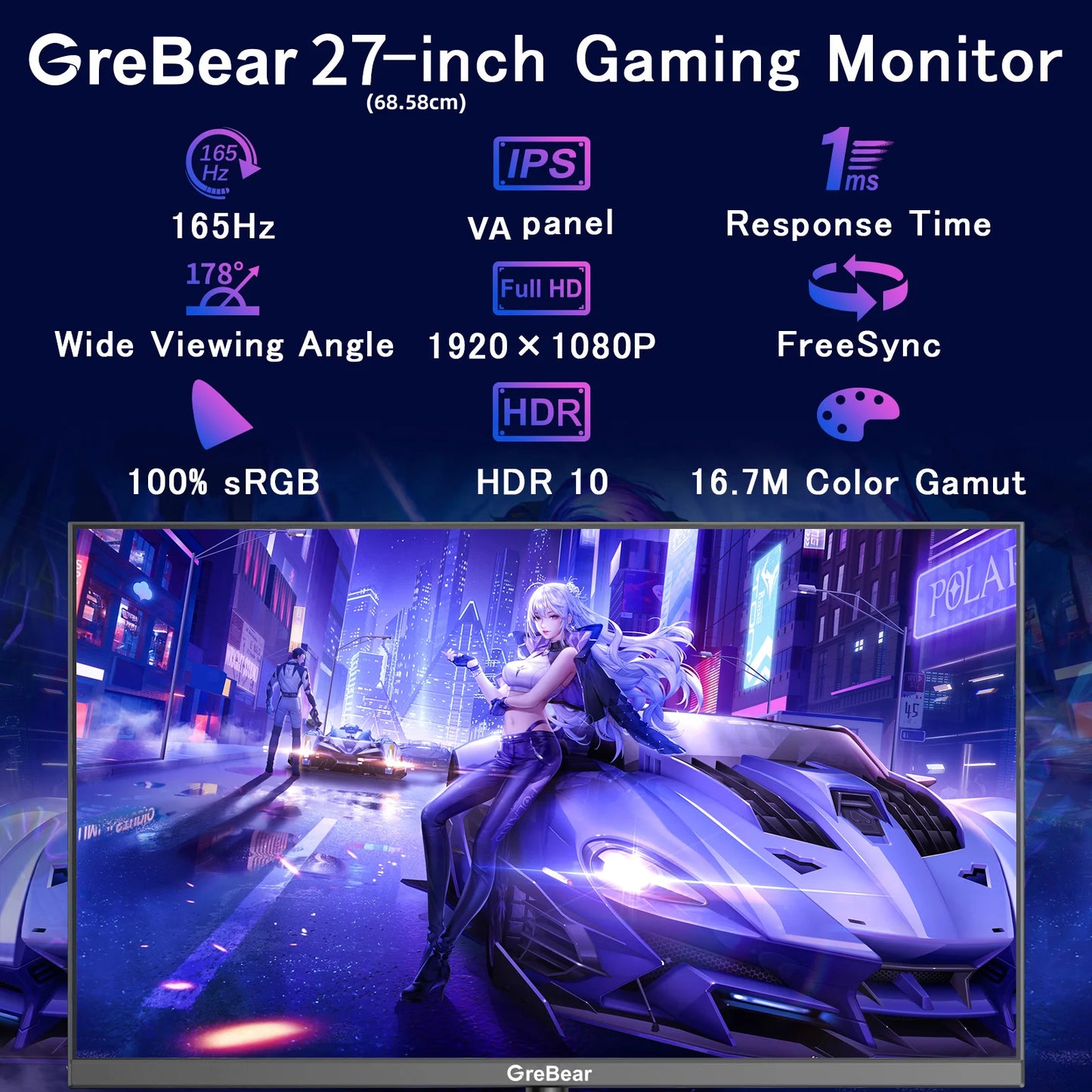 Grebear 165Hz Gaming Monitor 1080p With Built In Speakers