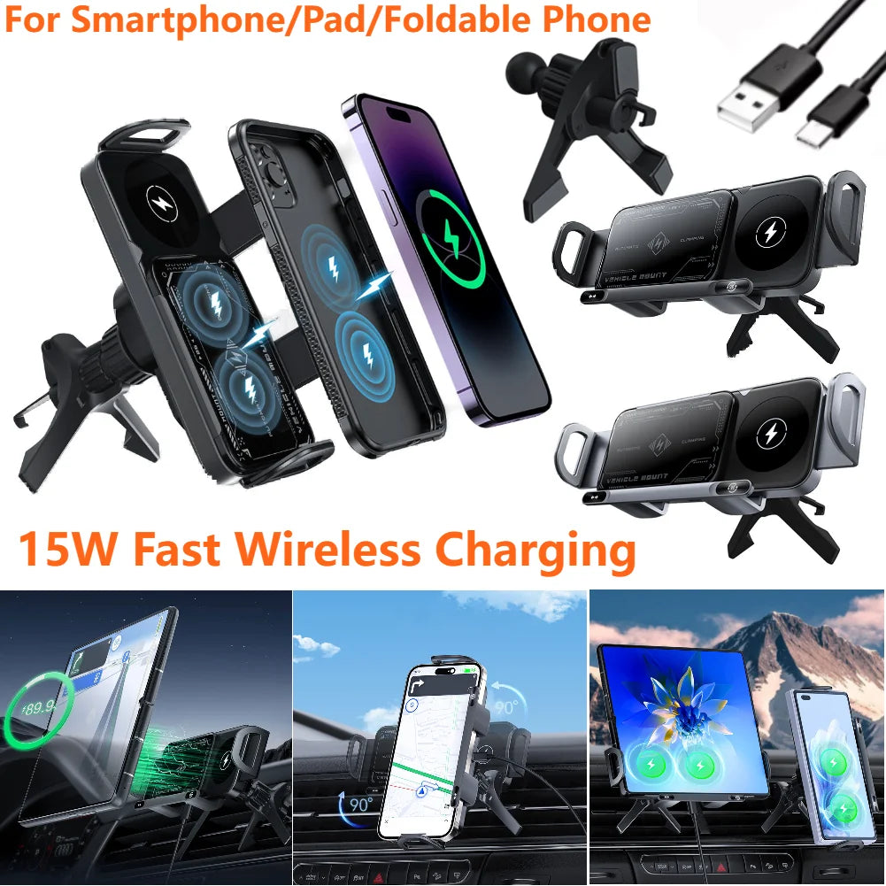 Foldable Dual-Coil Car Phone Mount With Wireless Fast-Charging CompatibilityPlus