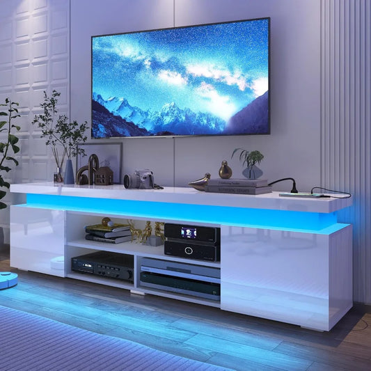 LED TV Stand With Power Outlet RGB Lights High Gloss