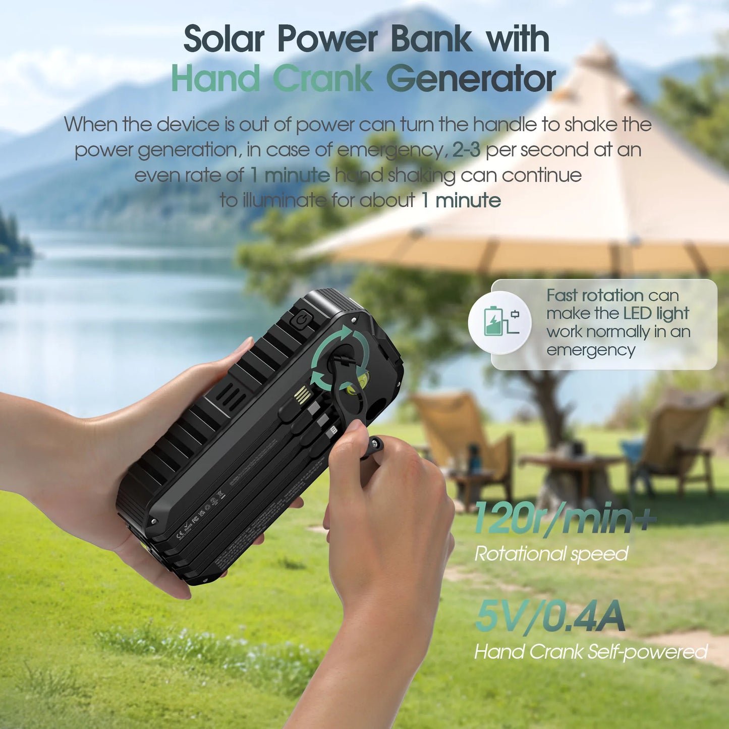 40,000mAh Solar Power Bank Hand Crank Dual USB C LED