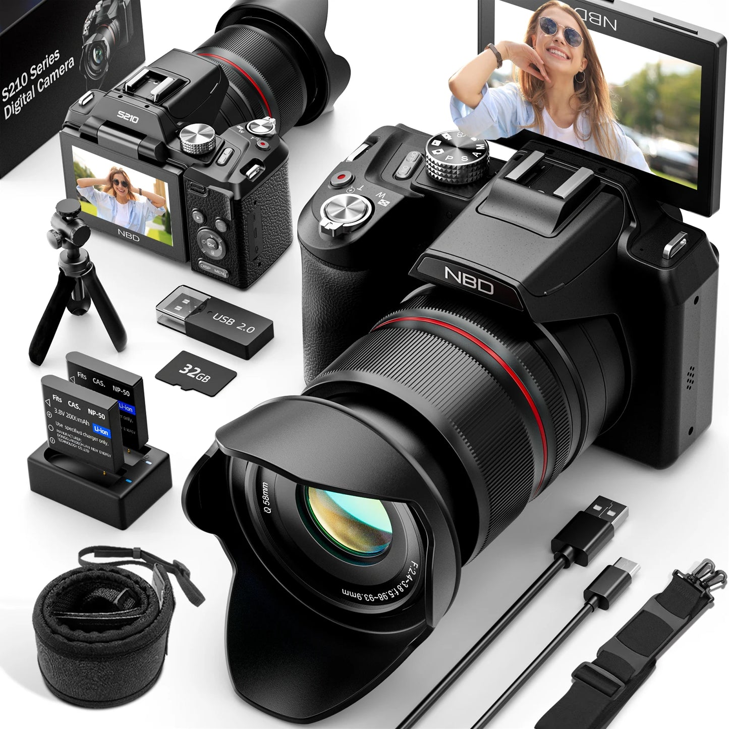 NBD 5K 64MP Camera With 16x Optical Zoom WiFi App Control Vlogging Autofocus