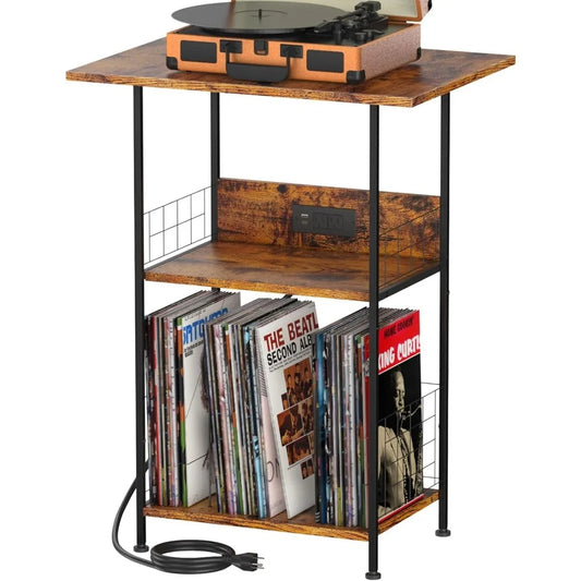 3 Tier Record Player Stand With Charging Station Holds 200 Vinyl Albums