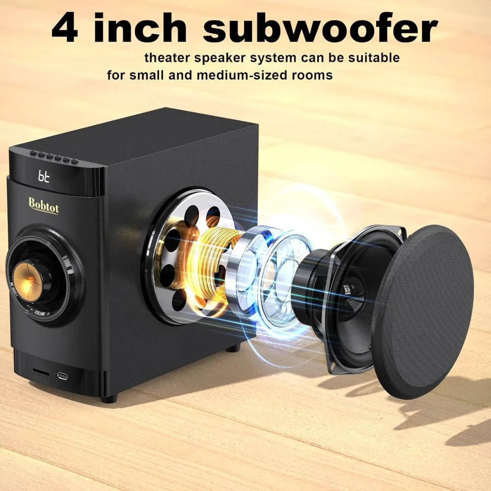 Small Subwoofer Home Theater for TV Surround System 5 Wired Speakers Amplifier 4 inch Woofer Built-in Receiver Support HDMI ARC