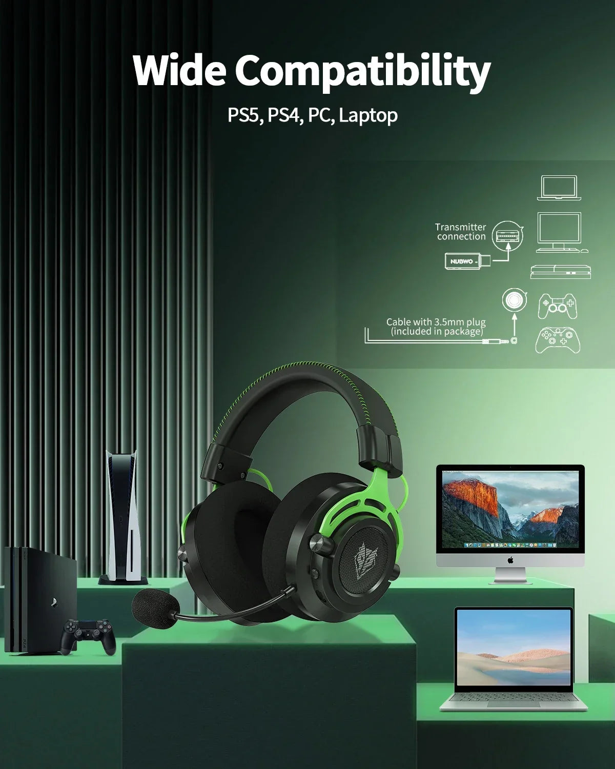 NUBWO G03 Wireless Gaming Headset With Dongle Noise Cancelling Mic