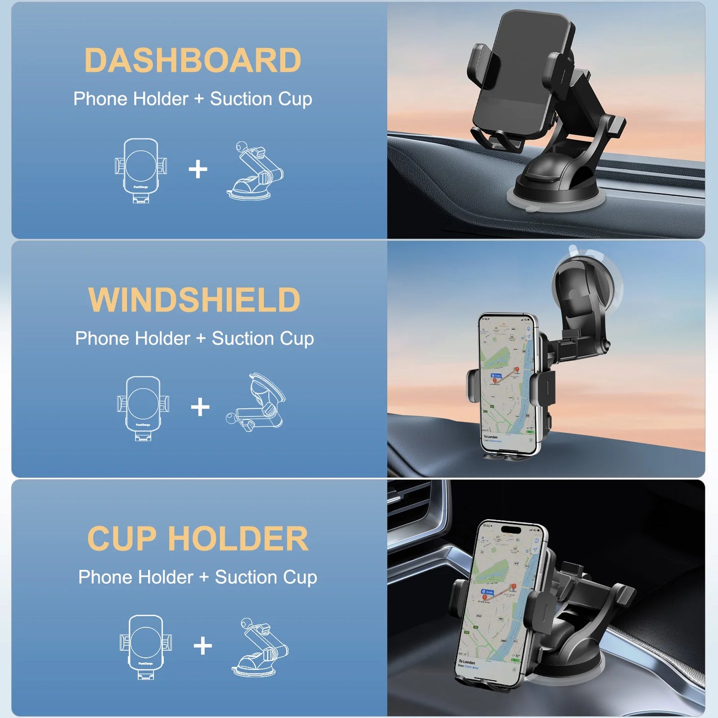 Wireless Car Charger and Phone Holder 15W Fast Charge Mount