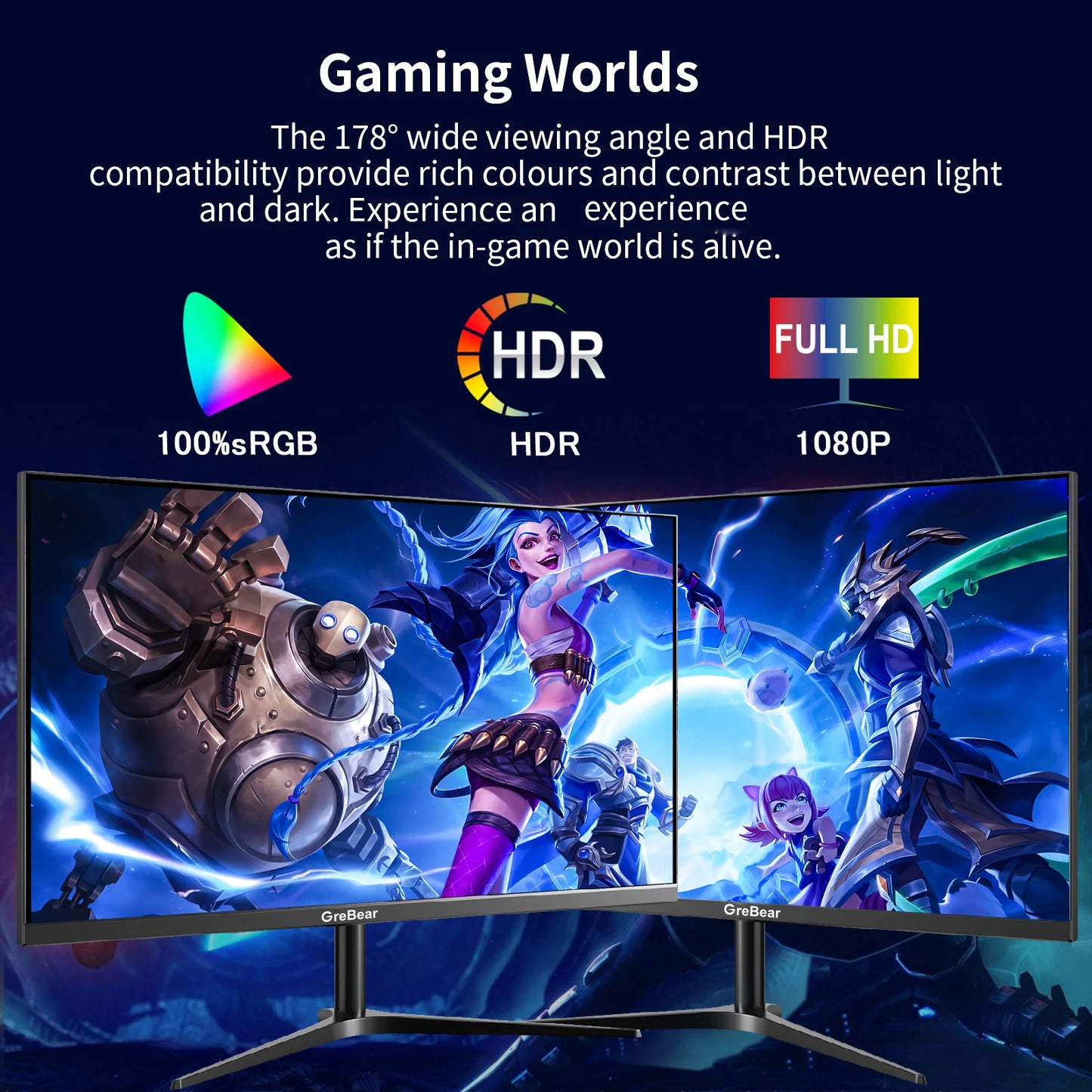 Grebear 165Hz Gaming Monitor 1080p With Built In Speakers