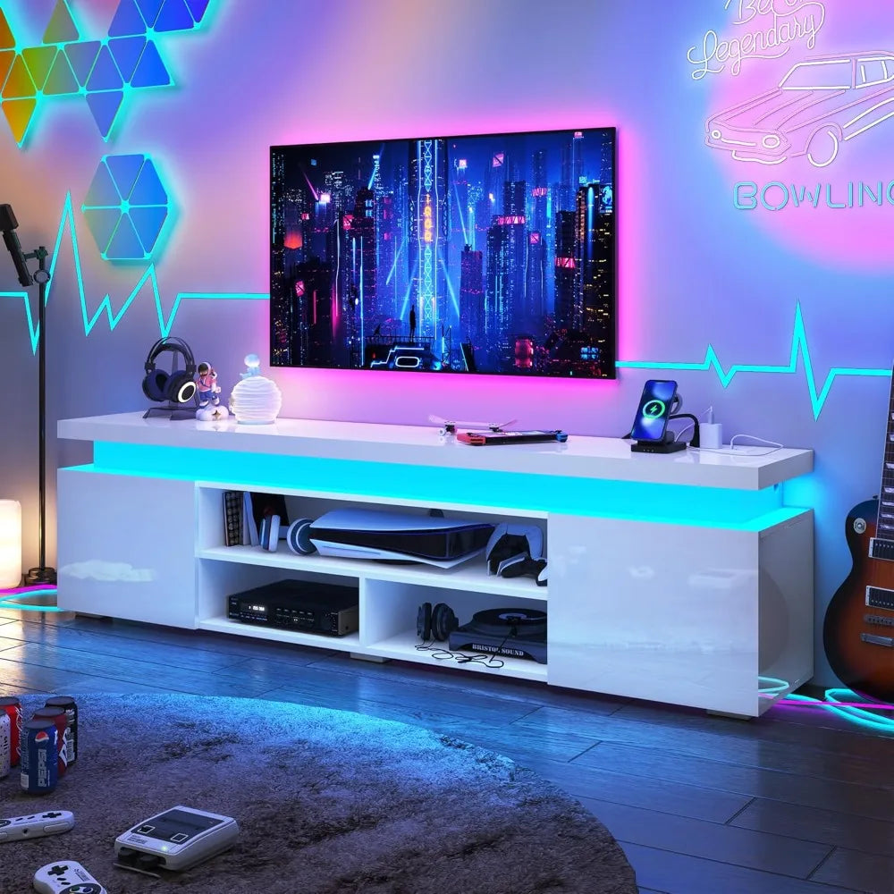 LED TV Stand With Power Outlet RGB Lights High Gloss
