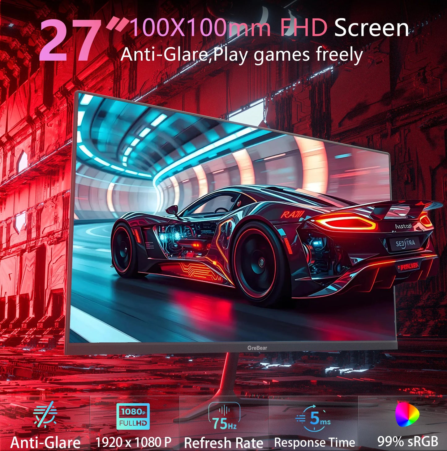 GreBear IPS FHD Monitor HDR10 With HDMI VGA Builtin Speaker