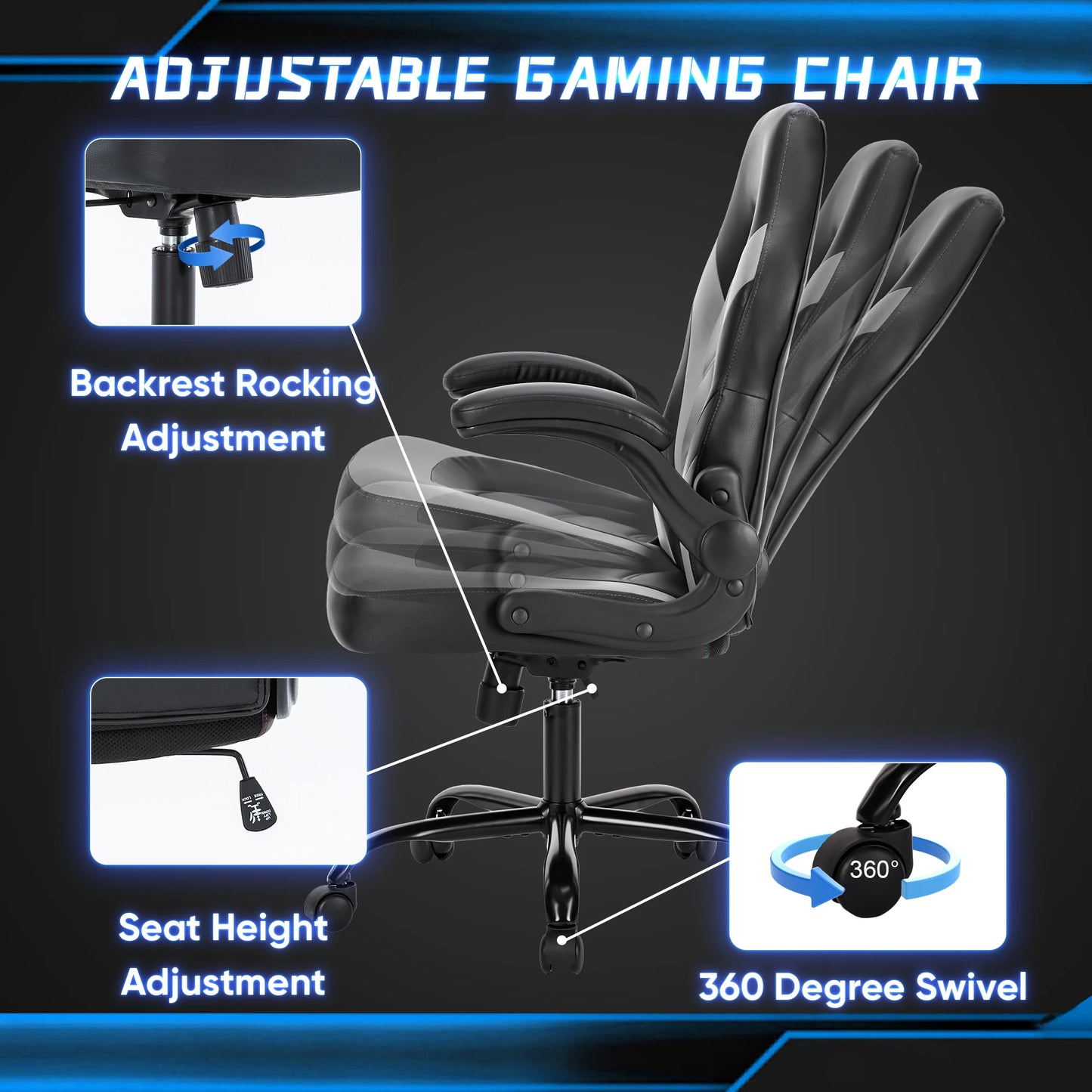 JHK Ergonomic Office Gaming Desk Chair With Flip Up Armrest