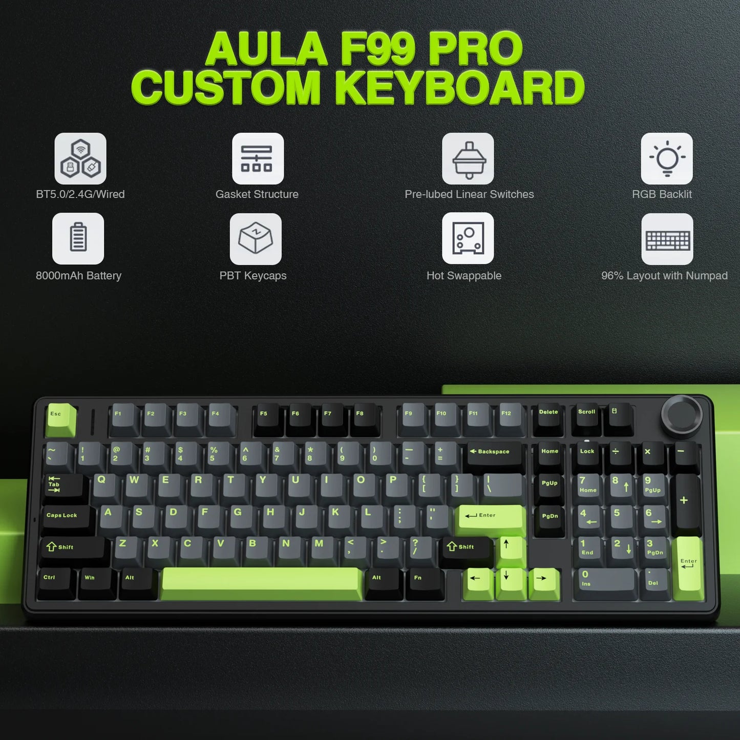 AULA F99 Pro 96 Percent Gasket Mounted Wireless Gaming Keyboard With Media Knob Controller